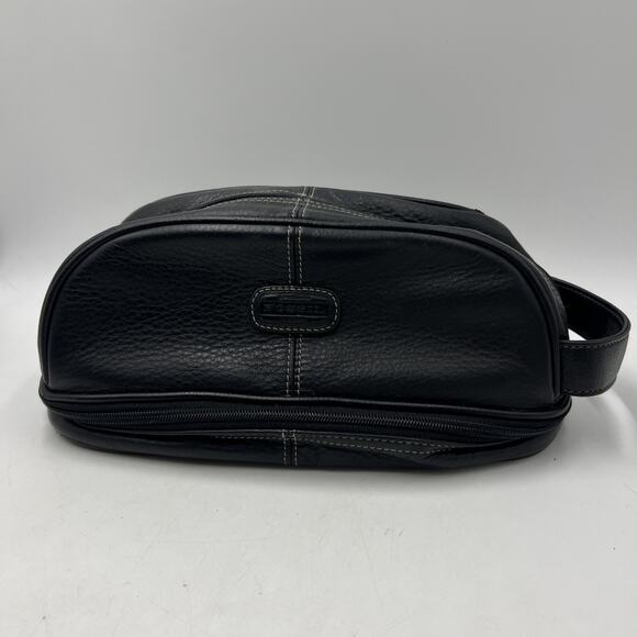 Fossil Leather Travel Men’s Toiletry Bag Black Pebbled Multi Zip Compartments